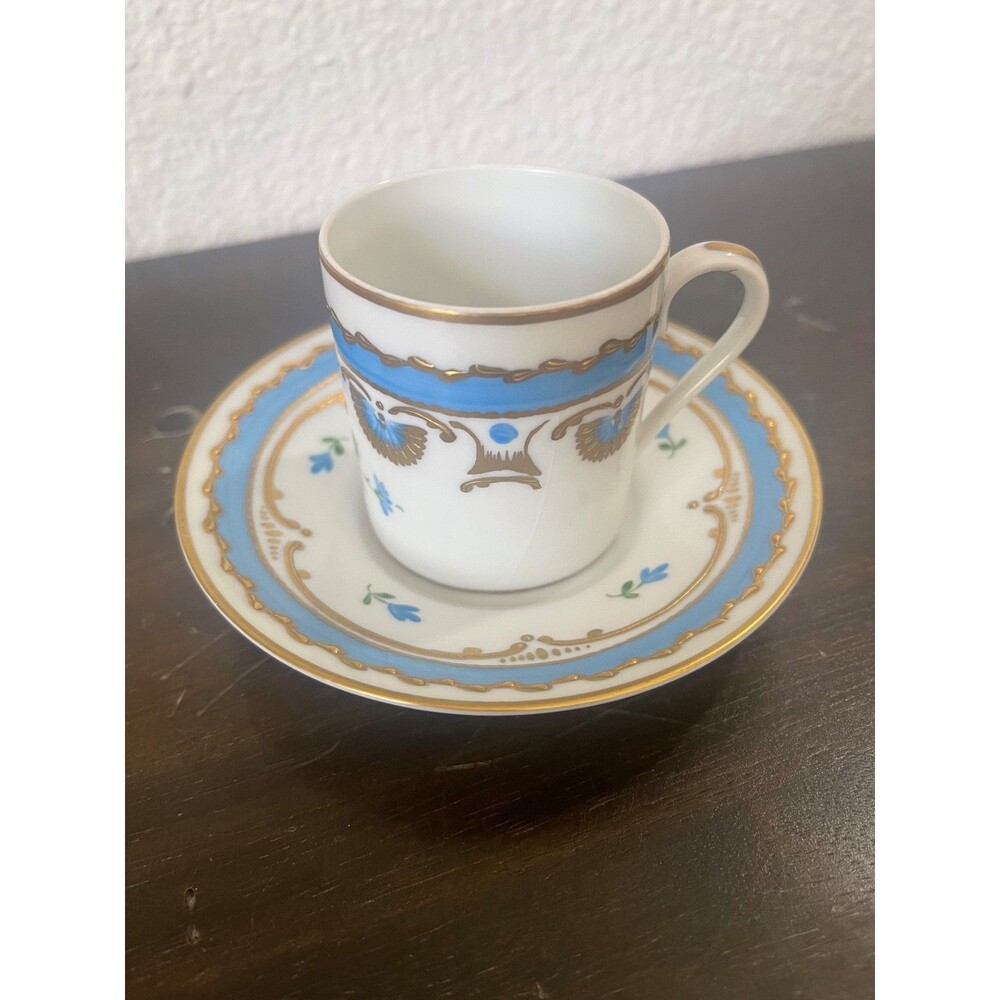 Antique Limoges France Demitasse Cup & Saucer Hand Painted Blue Gold